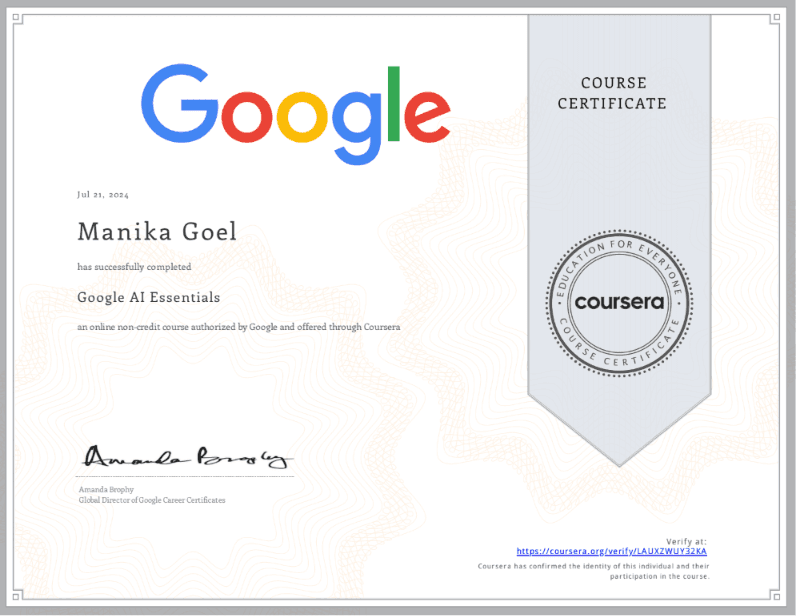 Google AI Essentials certificate