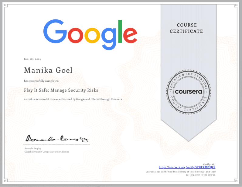 Play It Safe: Manage Security Risks certificate