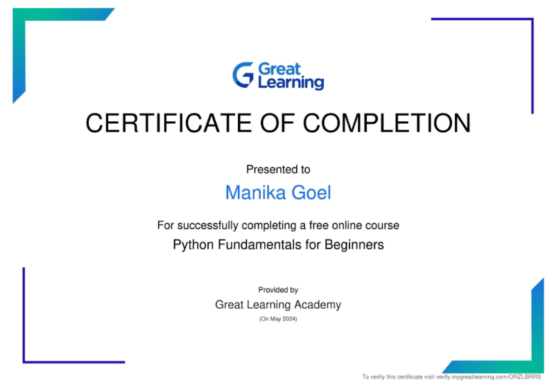 Python Fundamentals for Beginners certificate
